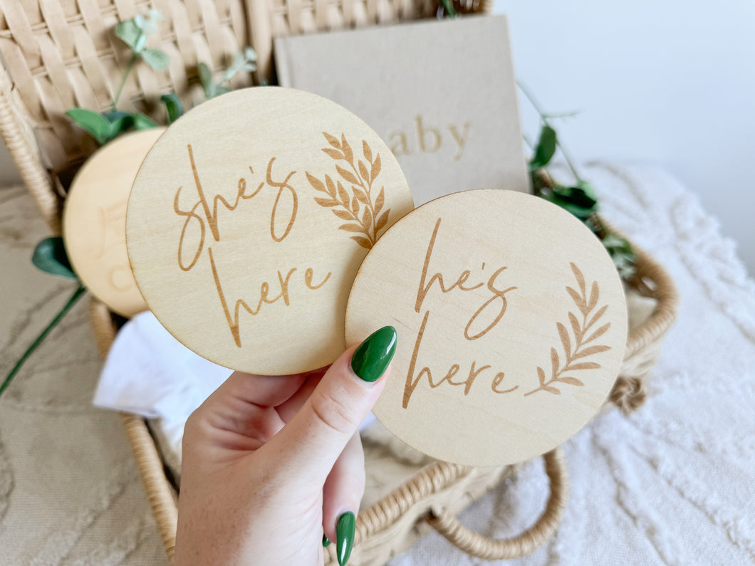 She's Here/He's Here Wooden Plaque (Double Sided)